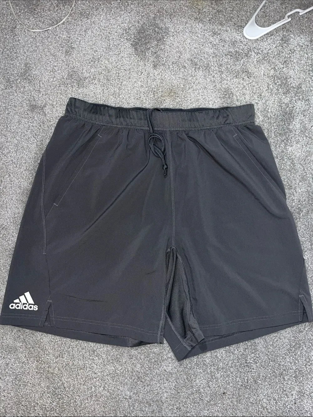 Gray Adidas soccer practice workout shorts side pockets lightweight player model